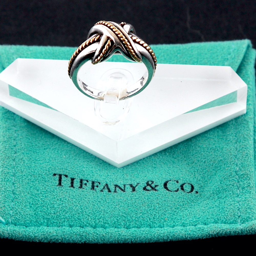 Tiffany & Co.  Signature "X" Gold and Silver Twist Rope Band ring.